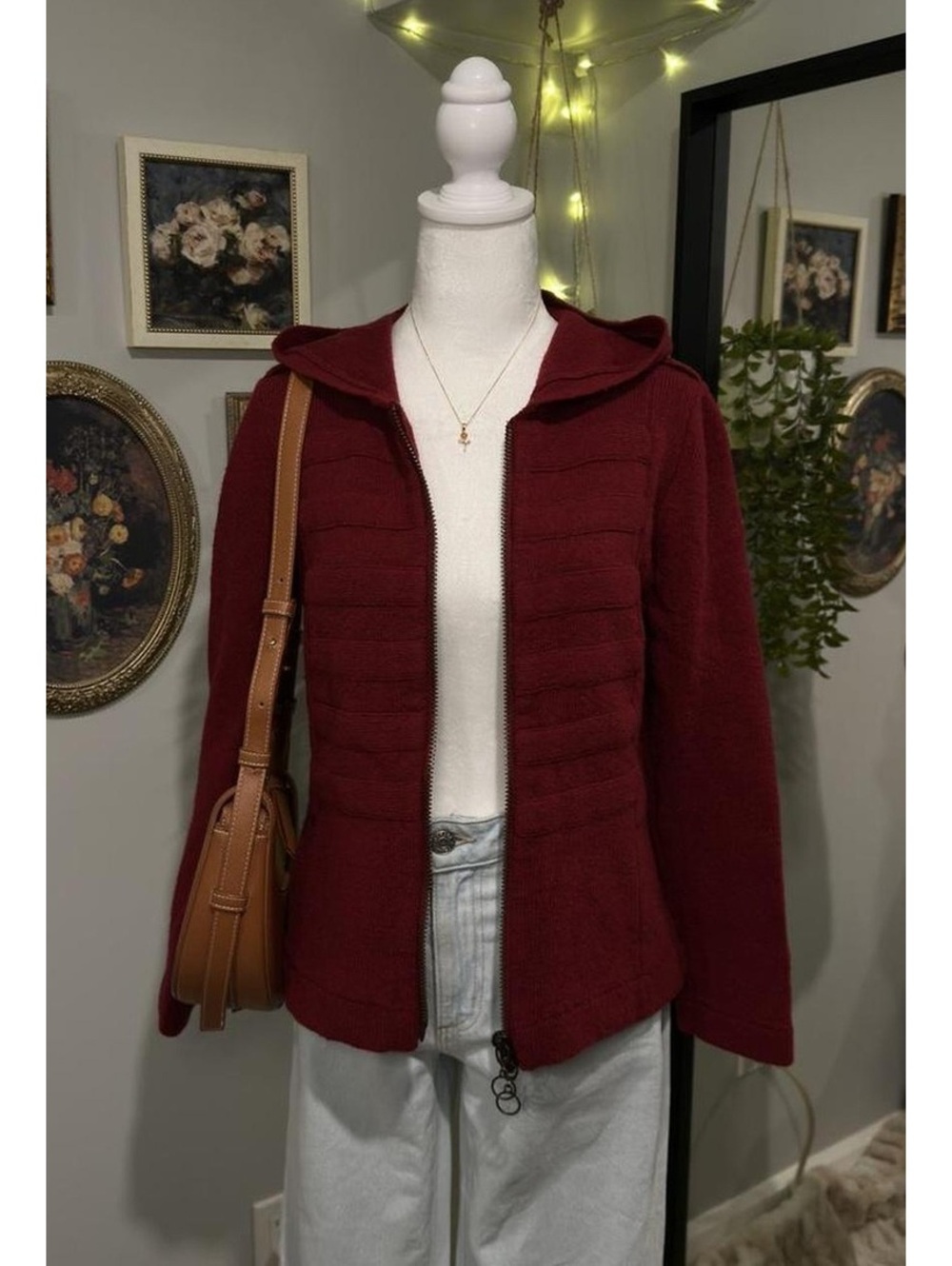 Red dual rustic zip-up hooded sweater jacket